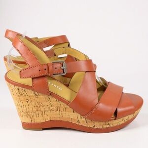 Franco Sarto L-Shiver Leather Strappy Heels Coral Wedge Sandals Sz 8